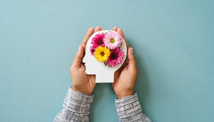 hands holding paper head human brain with flowers self care and mental health concept positive thinking creative mind used for brain - obrazy, fototapety, plakaty