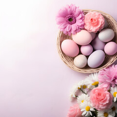 Easter eggs in a basket with spring flowers on pastel lavender background