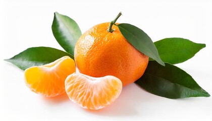 ripe orange mandarin with green leaves and slices isolated fruit concept - obrazy, fototapety, plakaty