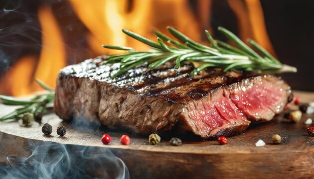 grilled steak medium rare rosemary smoky flame background