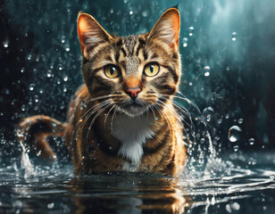 cat standing in water and drops, dark background, illustration