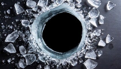 the round hole in the ice on a black background shards of crushed ice spread away