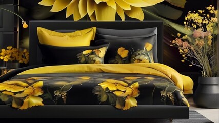Elegant Black Bedroom and Living Room Set with Sunny Yellow Blossoms