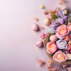 Romantic concept for Easter celebration with pastel eggs and fresh spring flowers, on light background with empty space for text message, or invitation card.