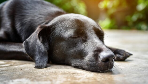 black dog sleeping on cement floor closeup of photo with selective focus