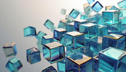 Three dimensional render of glass and blue cubes floating against white background, 3D render