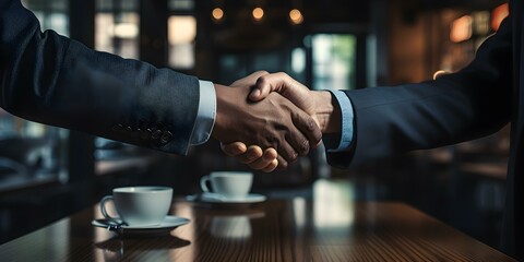 Sealing a Business Deal with a Handshake in a Contemporary Professional Environment. Concept Professional Etiquette, Business Negotiation, Handshake Gesture, Modern Business Practices - obrazy, fototapety, plakaty