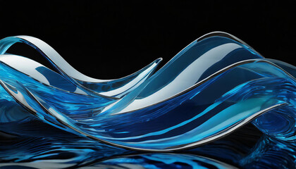 Three dimensional render of glass and blue waves floating against black background, 3D render