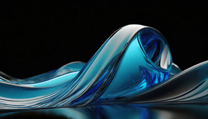 Three dimensional render of glass and blue waves floating against black background, 3D render