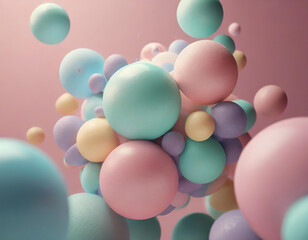 Three dimensional render of pastel colored bubbles floating against pink background, 3D render