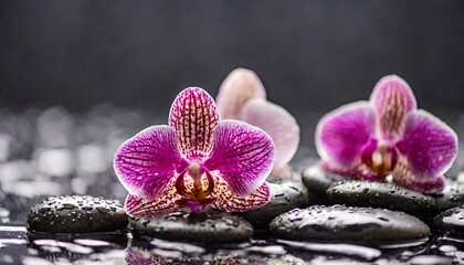 flowers of orchid on the wet stones