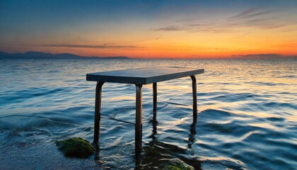 metal table in the sea at sunset - obrazy, fototapety, plakaty