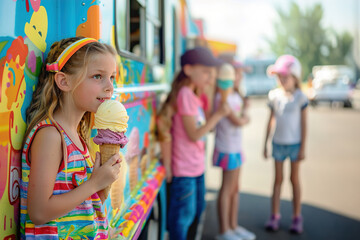 Fototapeta premium Children line up outside a vibrant ice cream truck, awaiting their favorite ice creams under the bright sun.