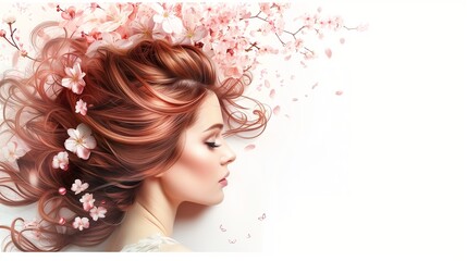 womens day banner, women beautiful hair with beautiful hair accessories and flower crown on white background