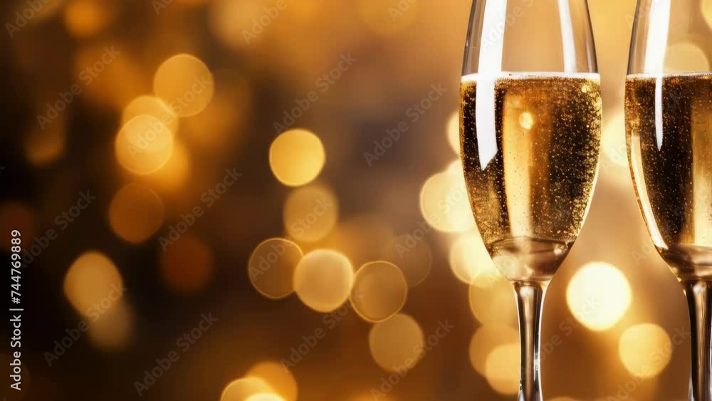 Poster two glasses of champagne on a table with lights in the background. perfect for celebrations and spec