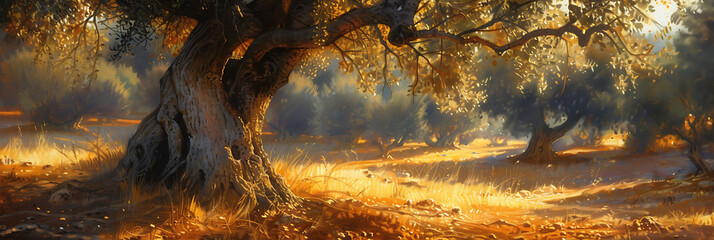 Olives bathed in golden sunlight, casting vibrant shadows on an ancient olive tree - obrazy, fototapety, plakaty