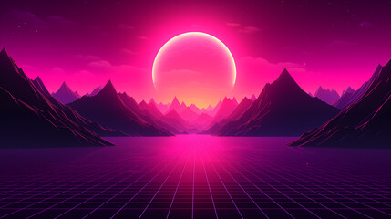Futuristic retro landscape of the 80`s. Futuristic illustration of sun with mountains in retro style. Digital Retro Cyber Surface. Suitable for design in the style of the 1980`s.  