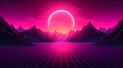 Poster Futuristic retro landscape of the 80`s. Futuristic illustration of sun with mountains in retro style. Digital Retro Cyber Surface. Suitable for design in the style of the 1980`s.   © acid2728k