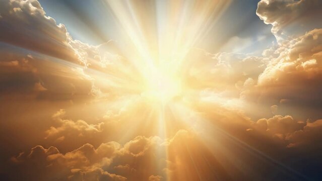 Bright sunlight breaking through fluffy clouds, ideal for weather or nature concepts.