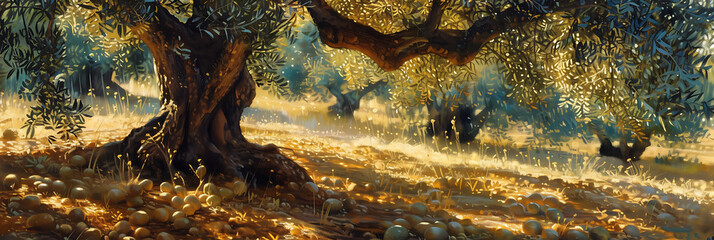 Olives bathed in golden sunlight, casting vibrant shadows on an ancient olive tree