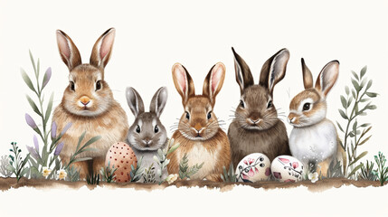 Fototapeta premium Happy Easter, Watercolor illustration, easter bunnies, muted colors, illustrated clipart, minimalist, isolated white background, 