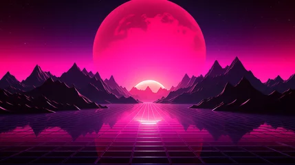 Fototapeten Futuristic retro landscape of the 80`s. Futuristic illustration of sun with mountains in retro style. Digital Retro Cyber Surface. Suitable for design in the style of the 1980`s.   © acid2728k