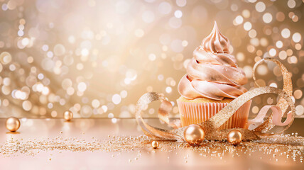 Beautiful pink cupcake with sparks in the background, gold and beige