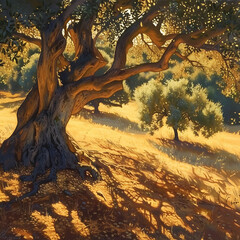 Olives bathed in golden sunlight, casting vibrant shadows on an ancient olive tree