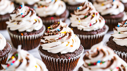 Chocolate cupcakes decorated with white cream and sprinkles