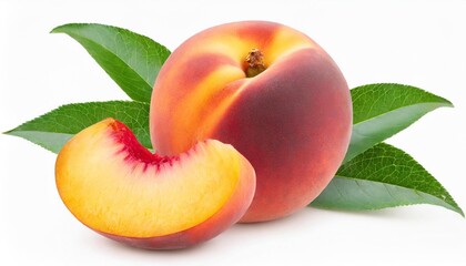 peach isolated whole peach with a slice on white background peach fruit with leaf and cut pieces full depth of field