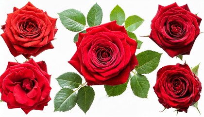 collection of red roses isolated on white background set of different bouquet flat lay top view