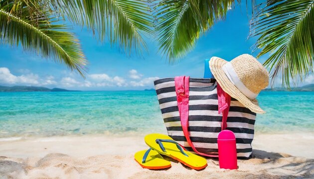 summer bag on tropical sand beach vacation accessories hat towel and flip flops with leaves palm and blue sea