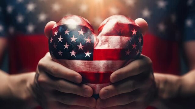 Patriotic image of person holding heart-shaped American flag, perfect for Independence Day celebrations.