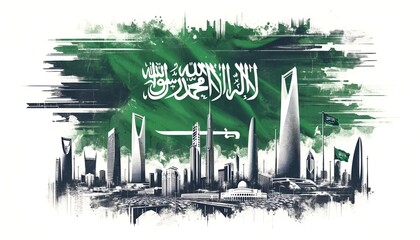 Grunge illustration of the saudi arabian flag with famous towers and skyscrapers in saudi arabia.
