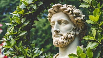 background wallpaper of an antique sculpture bust statue framed by green leaves laurel wreath on head with negative space for copy text y2k art