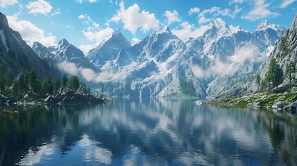 A tranquil mountain lake nestled amidst towering peaks, its surface smooth as glass reflecting the surrounding landscape in perfect clarity. The air is crisp and clean, scented with the tang of pine a