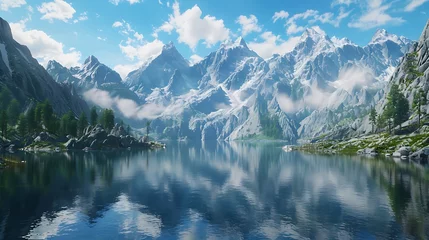 Badkamer foto achterwand Reflectie A tranquil mountain lake nestled amidst towering peaks, its surface smooth as glass reflecting the surrounding landscape in perfect clarity. The air is crisp and clean, scented with the tang of pine a