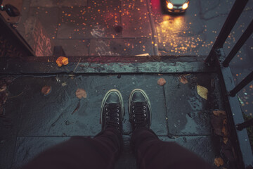 Close-up cropped shot of stylish black sneakers in urban environment. A model in trendy sneakers stands in city street on a rainy autumn evening. Urban fashion and style.