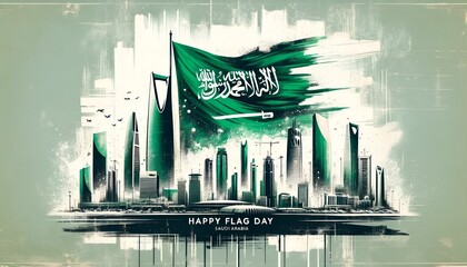 Grunge style illustration with saudi arabian flag and famous towers and skyscrapers for flag day celebration.