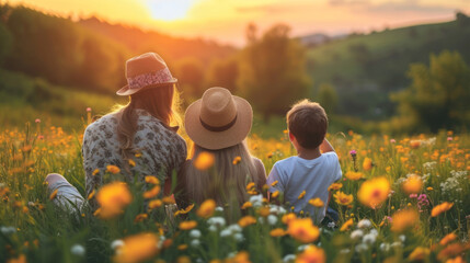 Rear view of parents and child in casual clothes sitting in the grass on a flowering meadow on beautiful summer evening. Happy family watching the setting sun enjoying their time together. - obrazy, fototapety, plakaty