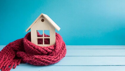 home in a knitted scarf on a blue background concept of the heating system in a winterized house