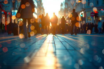 Low angle shot of pedestrian street in modern city. Many people walking along the street of the evening city, illuminated by the setting sun. Sun flare effect.