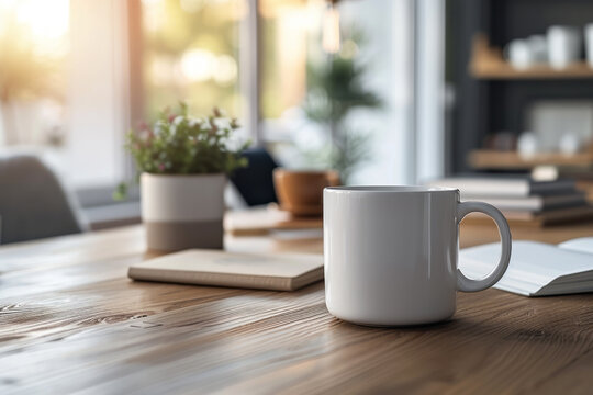 Office business set. Open book, mug of coffee and houseplant on wooden desk. Wall shelves and large window on blurred background.