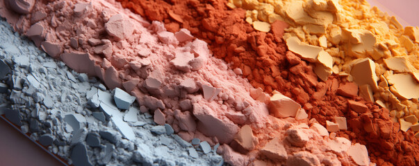 Various shades of crushed eyeshadow gradient. Beauty and makeup concept. Banner with copy space for design and print.