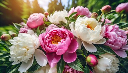bouquet of pink and white peonies colorful floral background
