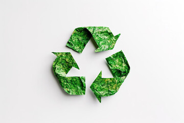 Recycling symbol made of crumpled green paper.