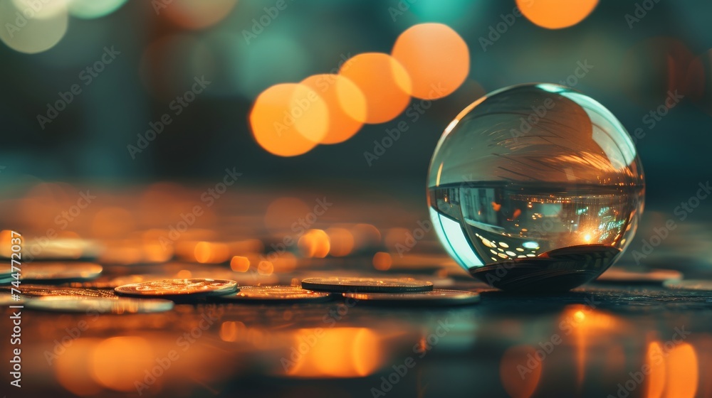 Aufkleber crystal ball and coins on the table in front of bokeh background