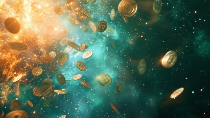 Gold coins flying in the space