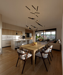 3D rendering of modern apartment designed in modern style with living room connected to kitchen