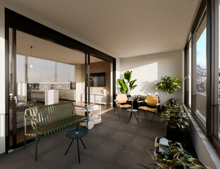 3D rendering of modern loft with loggia decorated with green plants and lounge furniture